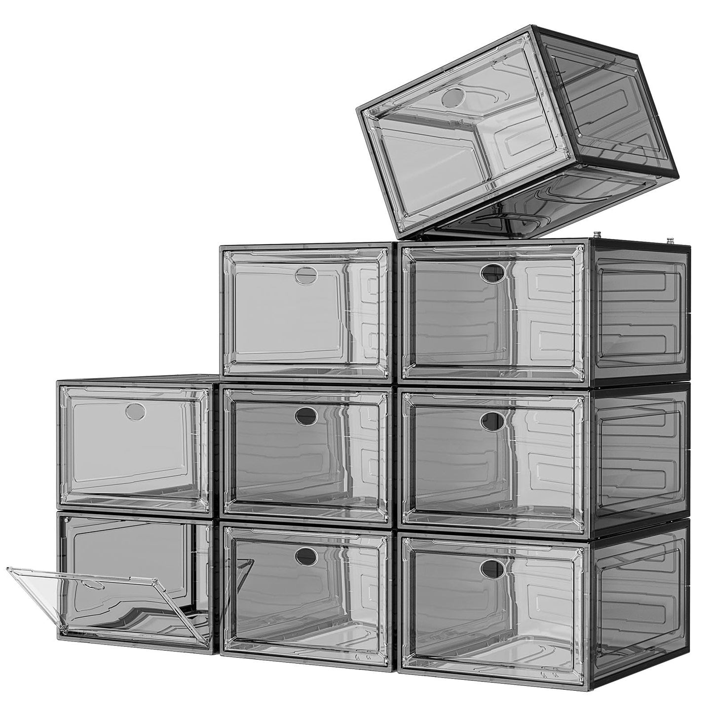 7 code Thicken & Sturdy Clear Shoe Storage Organizer with Magnetic Door, Stackable Boxes for Closet, Foldable Shoe Rack for Sneaker Boot Container, Plastic Shoe Cabinet Shoe Box 6 Pack, Black