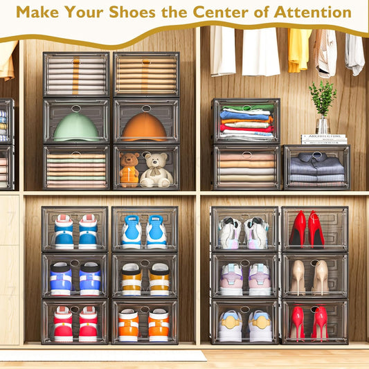 7 code Thicken & Sturdy Clear Shoe Storage Organizer with Magnetic Door, Stackable Boxes for Closet, Foldable Shoe Rack for Sneaker Boot Container, Plastic Shoe Cabinet Shoe Box 6 Pack, Black