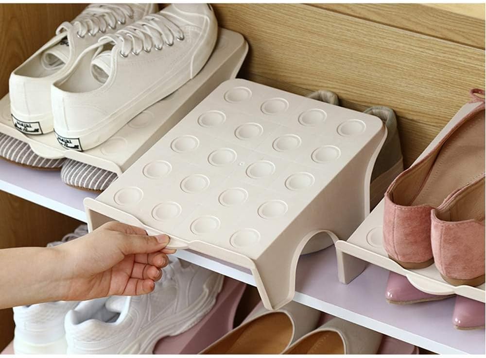 4 Pcs Stacking Shoe Organizer for Shelf 10 x 8.7 in – Double Layer Space Saving Shoe Dividers for Shelves – Footwear Riser for Heels Under 4.7", Sneakers & Flats Storage for Small Closets, Dorms, Apts