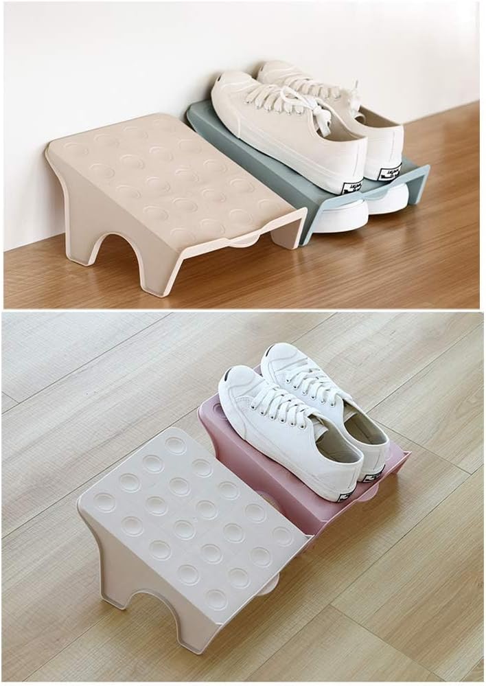 4 Pcs Stacking Shoe Organizer for Shelf 10 x 8.7 in – Double Layer Space Saving Shoe Dividers for Shelves – Footwear Riser for Heels Under 4.7", Sneakers & Flats Storage for Small Closets, Dorms, Apts