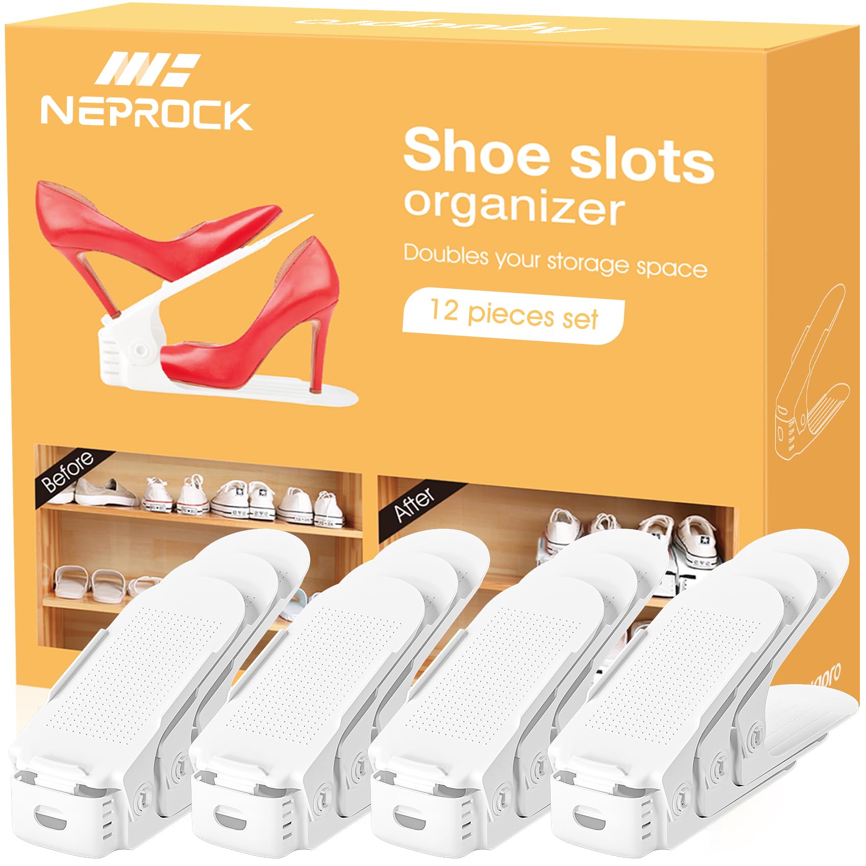 Neprock Shoe Slots Organizer, 20 Pack Adjustable Shoe Rack Stacker Storage Space Saver, Double Deck Shoe Rack Holder for Closet Organization (White)