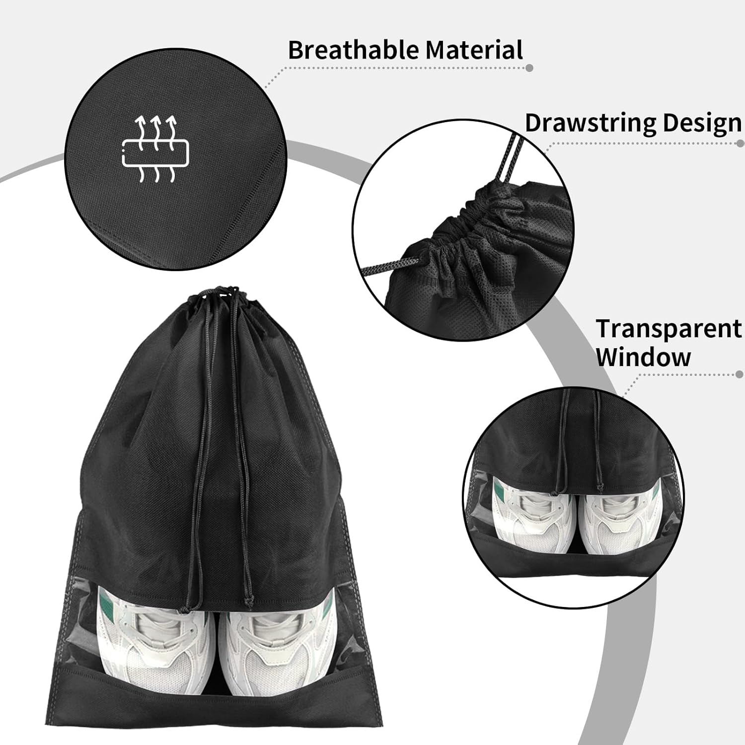 12 Pack Large Shoe Bags for Packing with Clear Window, Dustproof Drawstring Travel Shoe Storage Bags for Men & Women, Black