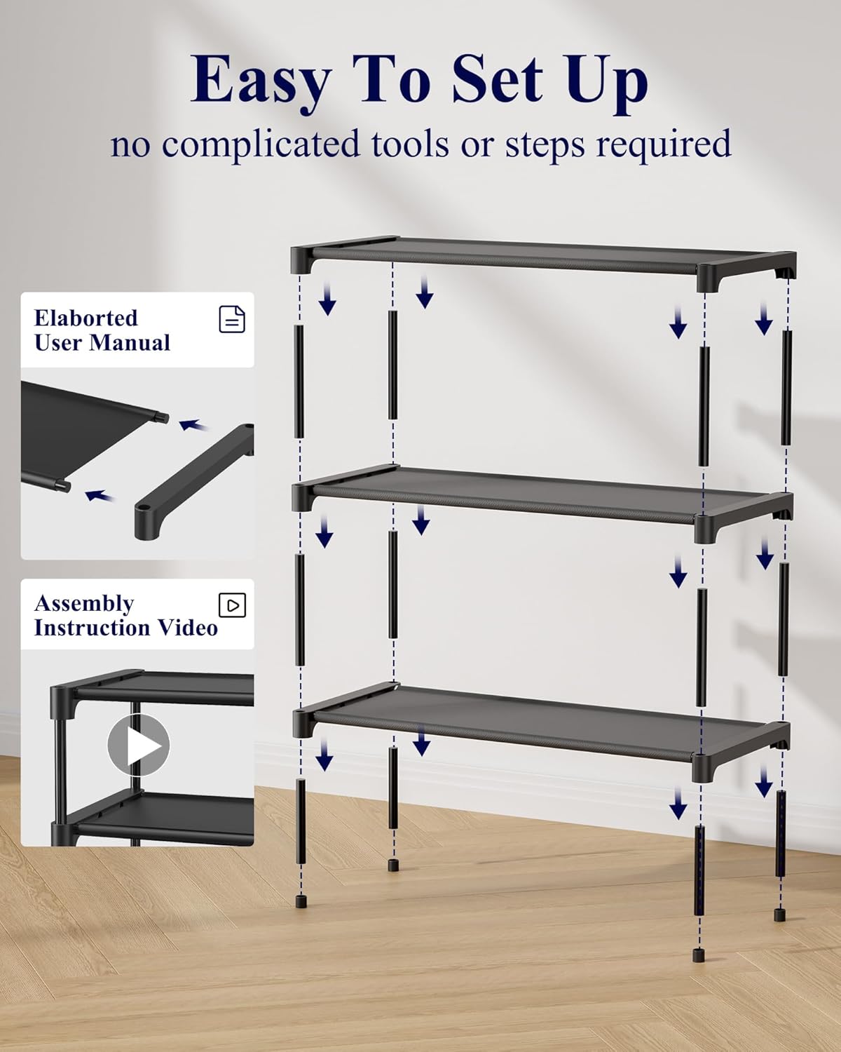 Kitsure Shoe Rack - Non-Woven Shoe Rack Shelf, Shoe Organizer for Closet, Entryway, Garage & Corridor, Stackable Shoe Shelves, 27.5" Wide - 3 Tier, Black