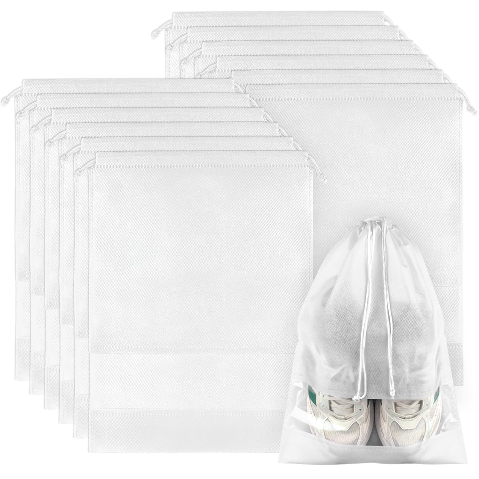 12 Pack Large Shoe Bags for Packing with Clear Window, Dustproof Drawstring Travel Shoe Storage Bags for Men & Women, Black