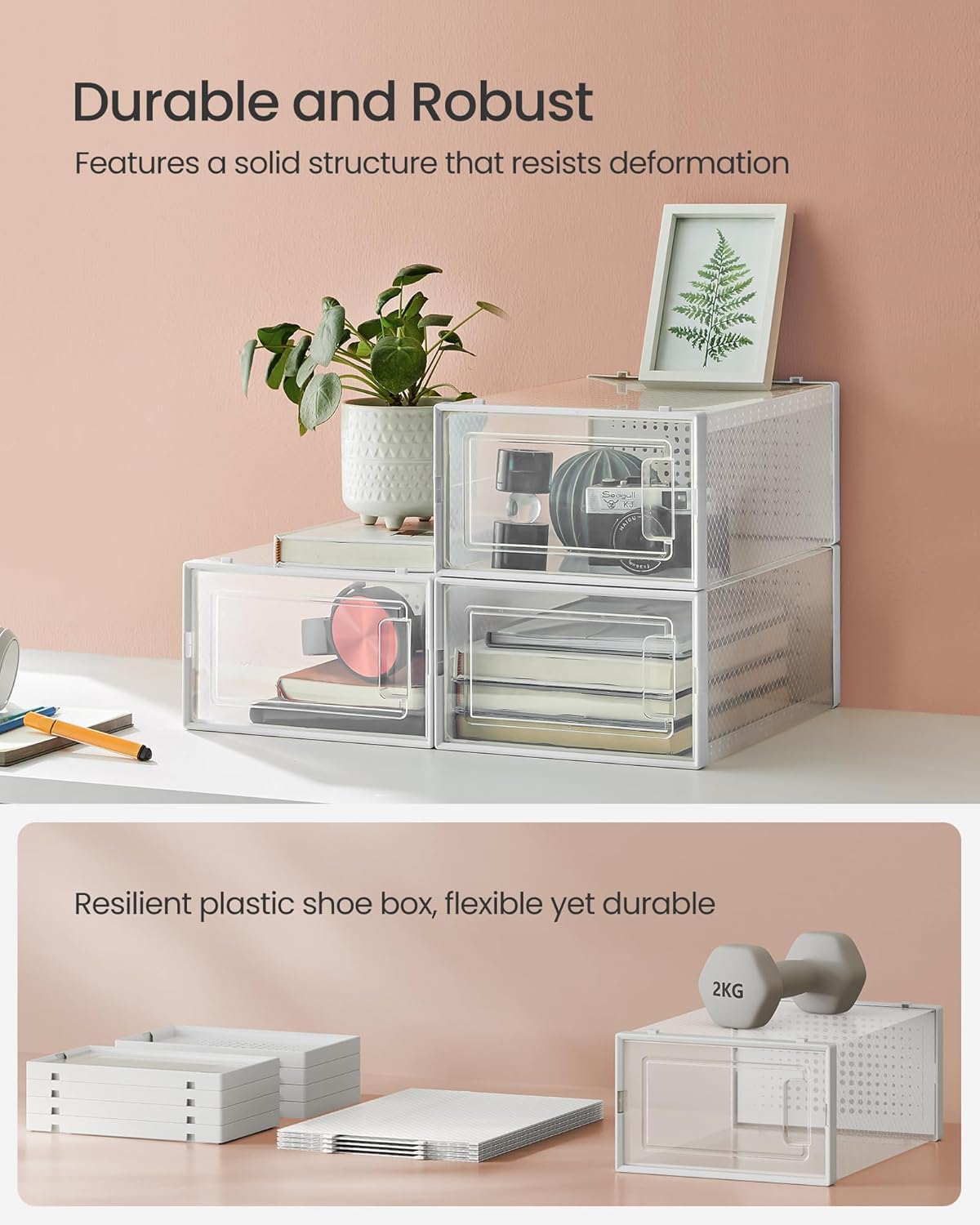 SONGMICS Shoe Boxes, Pack of 12 Shoe Storage Organizers, Stackable Clear Plastic Boxes for Closet, Sneakers, 13.1 x 9.1 x 5.6 Inches, Transparent and White ULSP12SWT