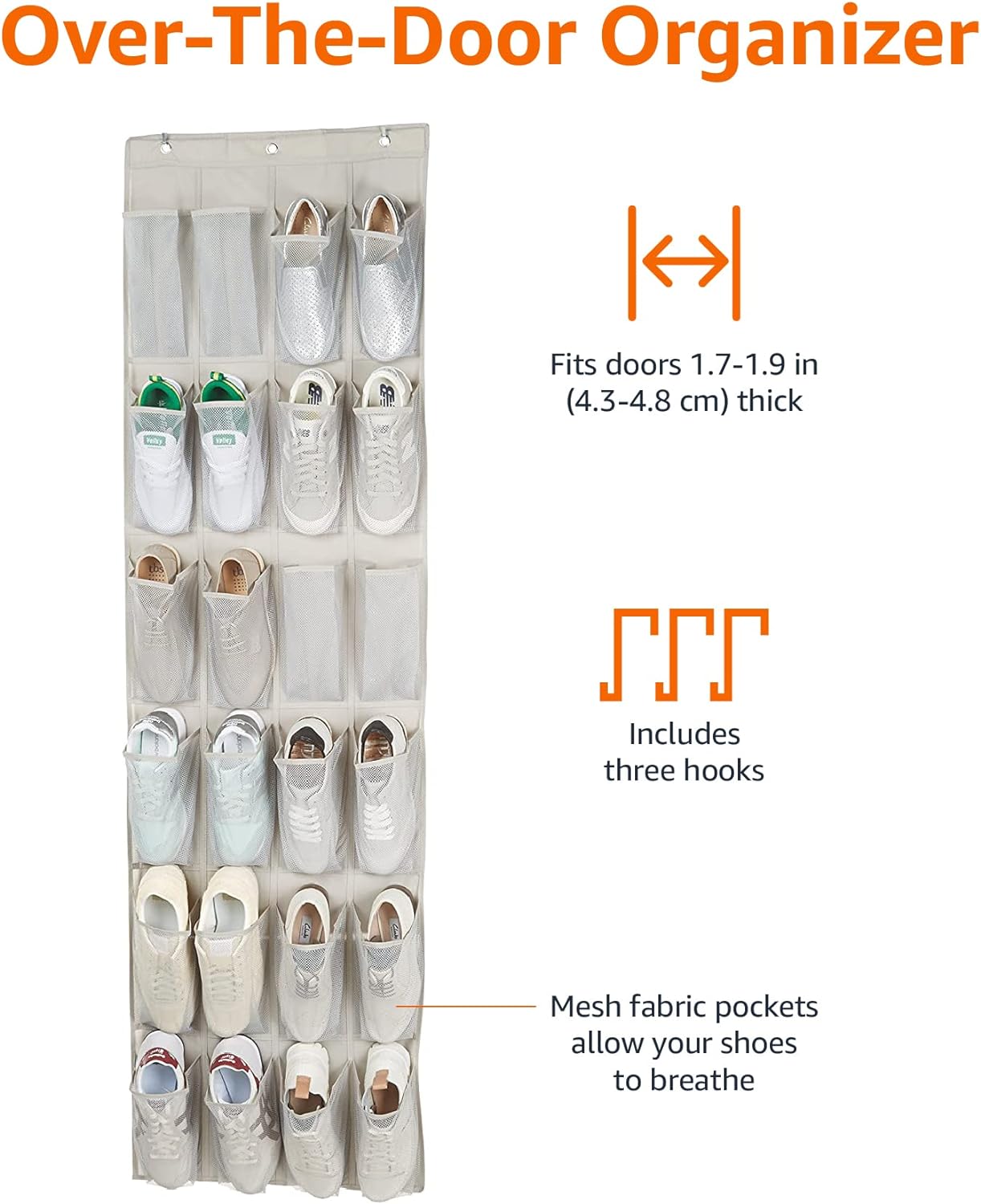 Amazon Basics 24 Medium Mesh Pocket Over-the-Door Hanging Shoe Organizer, Space Saving Shoe Storage, Light Grey | Over-the-Door, 24