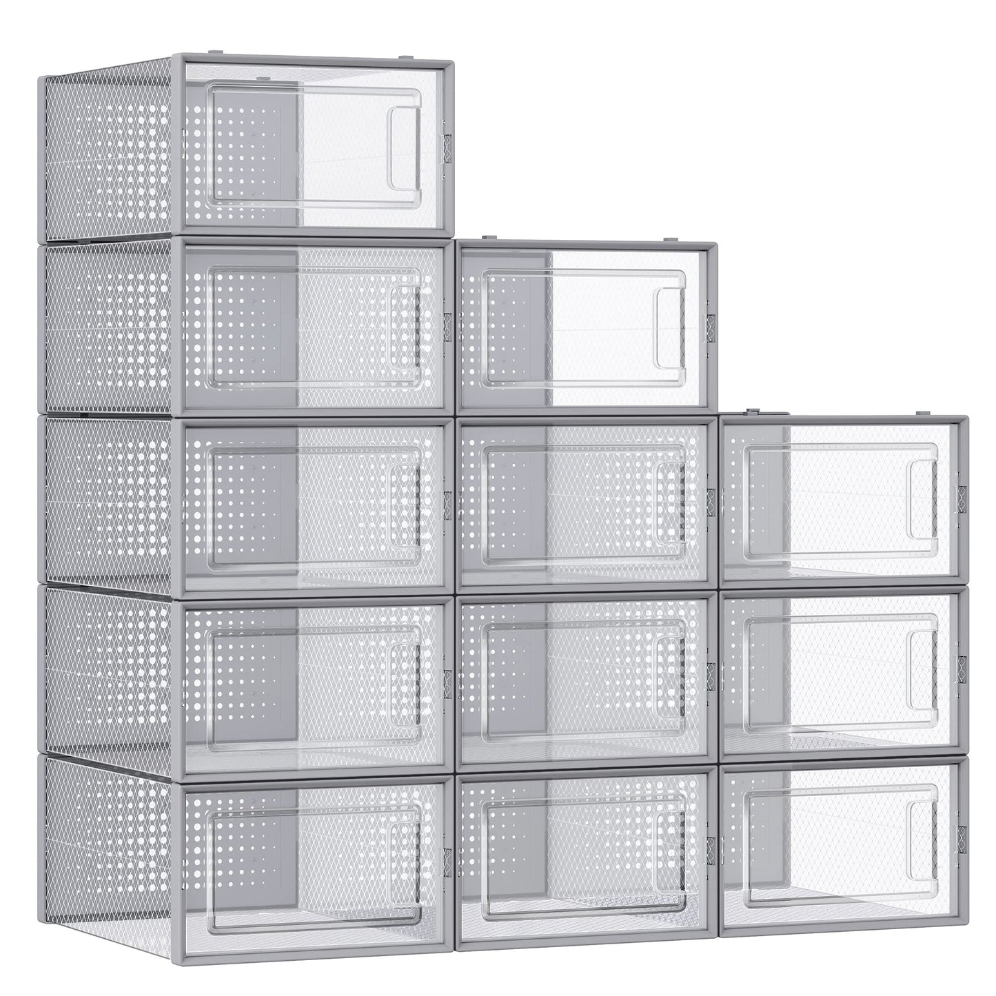 SONGMICS Shoe Boxes, Pack of 12 Shoe Storage Organizers, Stackable Clear Plastic Boxes for Closet, Sneakers, 13.1 x 9.1 x 5.6 Inches, Transparent and White ULSP12SWT