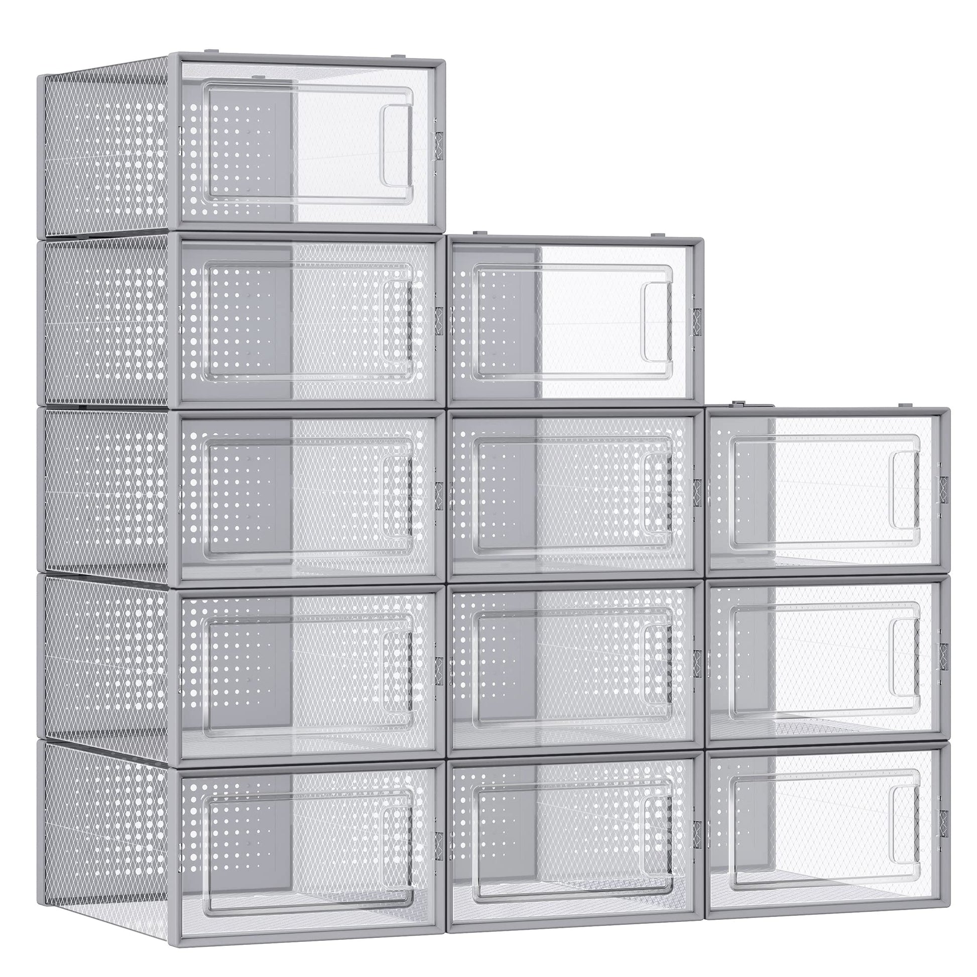 SONGMICS Shoe Boxes, Pack of 12 Shoe Storage Organizers, Stackable Clear Plastic Boxes for Closet, Sneakers, 13.1 x 9.1 x 5.6 Inches, Transparent and White ULSP12SWT