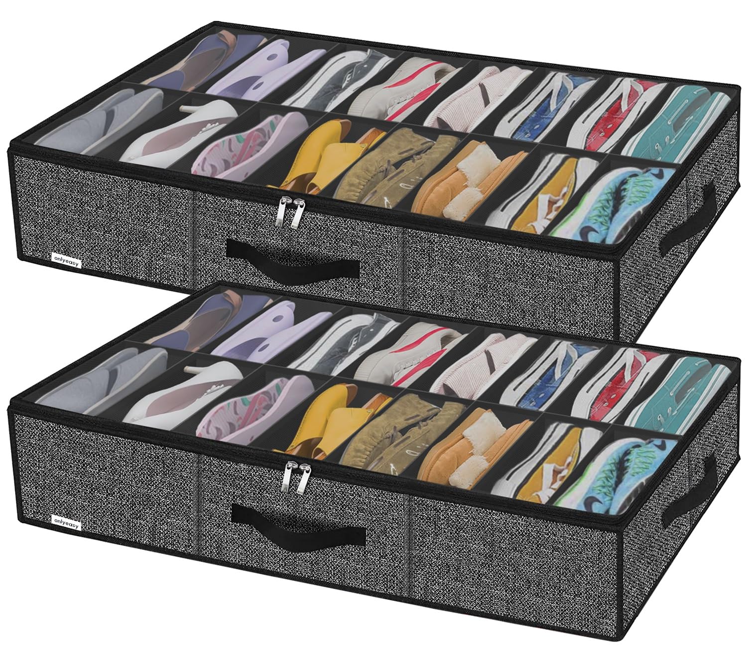 Onlyeasy Sturdy Under Bed Shoe Storage Organizer, Set of 2, Fit 12 to 24 Pairs, Underbed Shoes Closet Storage Solution with Clear Window, Breathable, L29.3 x W23.6 x H5.9, Linen-like Black, MXAUBSB2P