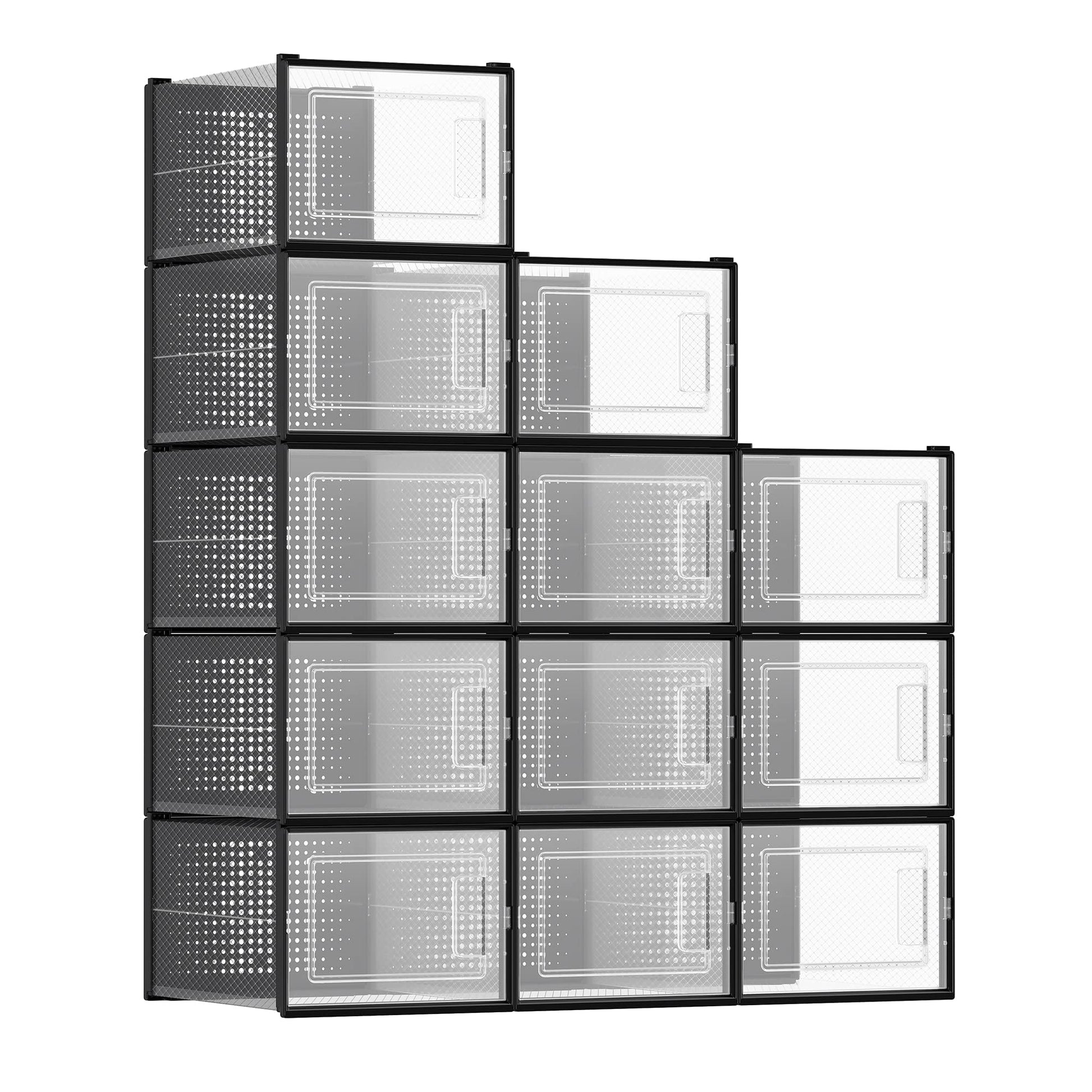 SONGMICS Shoe Boxes, Pack of 12 Shoe Storage Organizers, Stackable Clear Plastic Boxes for Closet, Sneakers, 13.1 x 9.1 x 5.6 Inches, Transparent and White ULSP12SWT