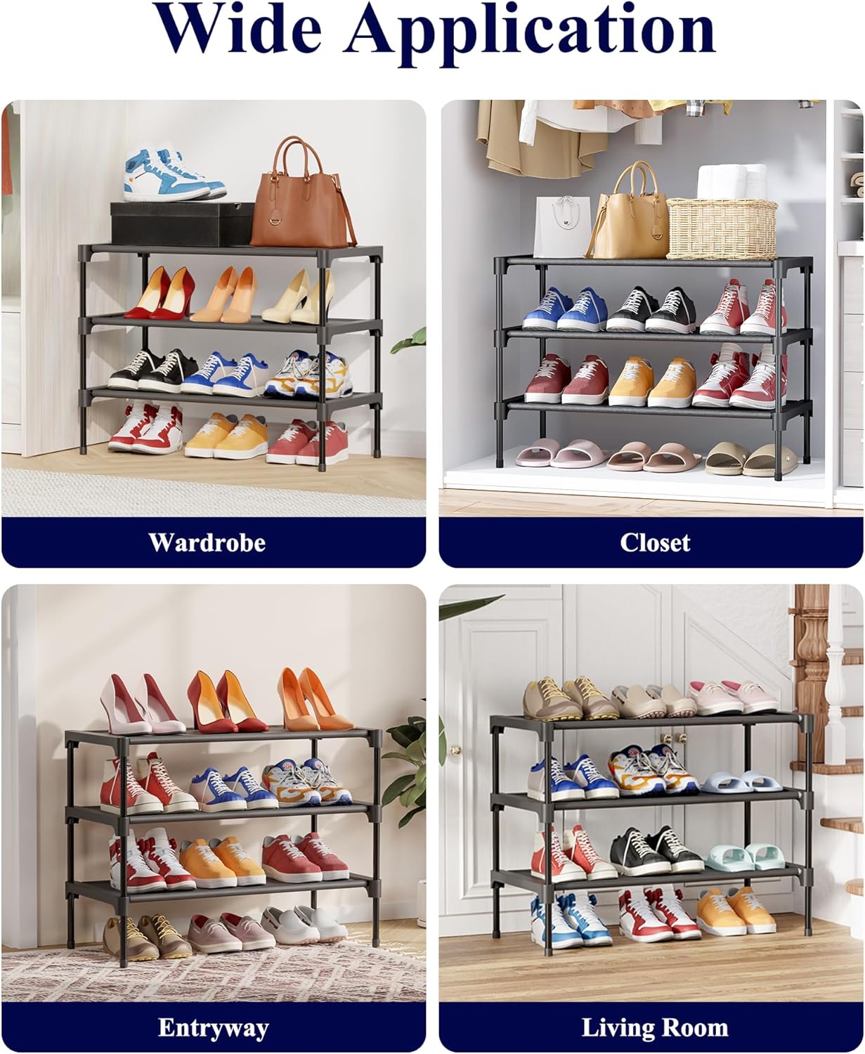 Kitsure Shoe Rack - Non-Woven Shoe Rack Shelf, Shoe Organizer for Closet, Entryway, Garage & Corridor, Stackable Shoe Shelves, 27.5" Wide - 3 Tier, Black