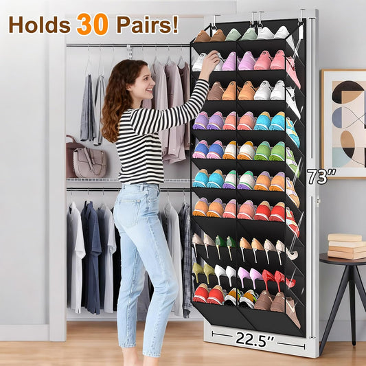UVIAHOMI 20-30 Pairs Over the Door Shoe Organizer, Clear Pockets Hanging Shoe Storage for Closet, 10-Tier Door Shoes Rack, Handing Shoes Holder Fit All the Family's Sneakers, Boots, Heels, Black