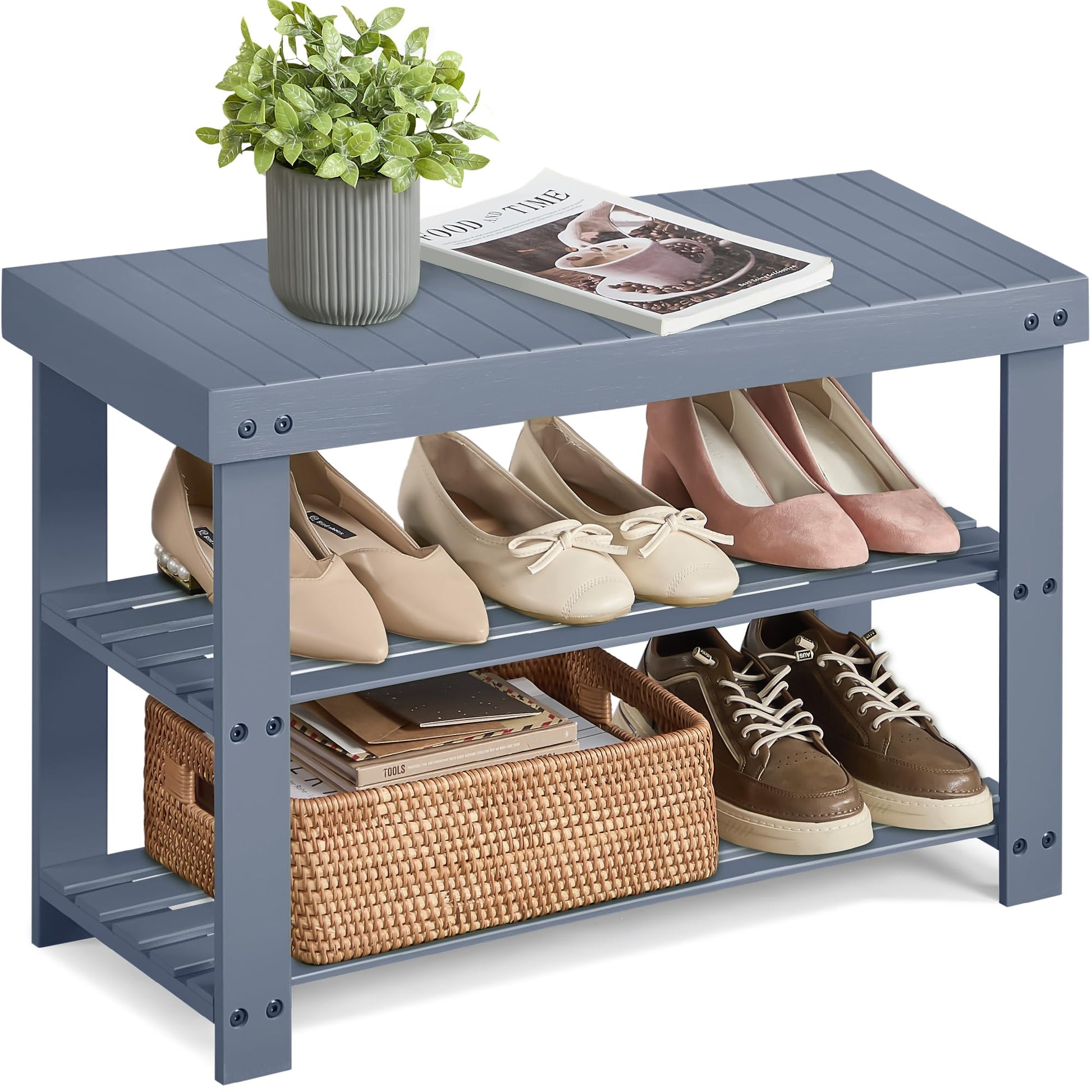 SONGMICS Shoe Rack Bench, 3-Tier Bamboo Shoe Storage Organizer, Entryway Bench, Holds Up to 286 lb, 11.3 x 27.6 x 17.8 Inches, for Entryway Bathroom Bedroom, Ink Black ULBS04H