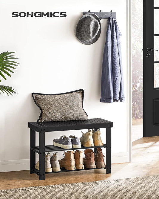 SONGMICS Shoe Rack Bench, 3-Tier Bamboo Shoe Storage Organizer, Entryway Bench, Holds Up to 286 lb, 11.3 x 27.6 x 17.8 Inches, for Entryway Bathroom Bedroom, Ink Black ULBS04H