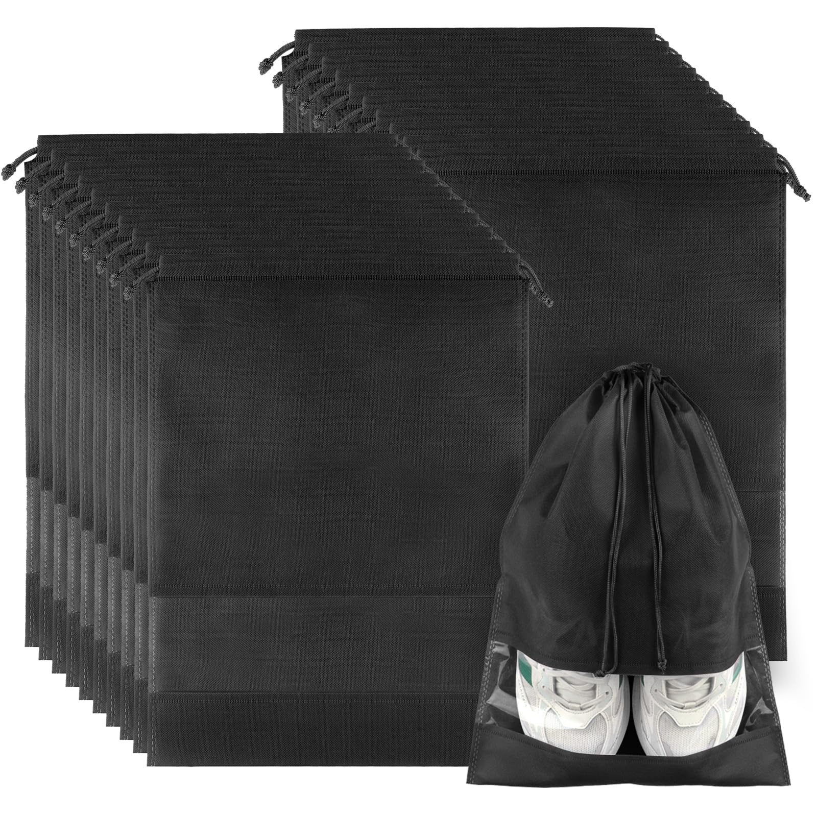 12 Pack Large Shoe Bags for Packing with Clear Window, Dustproof Drawstring Travel Shoe Storage Bags for Men & Women, Black