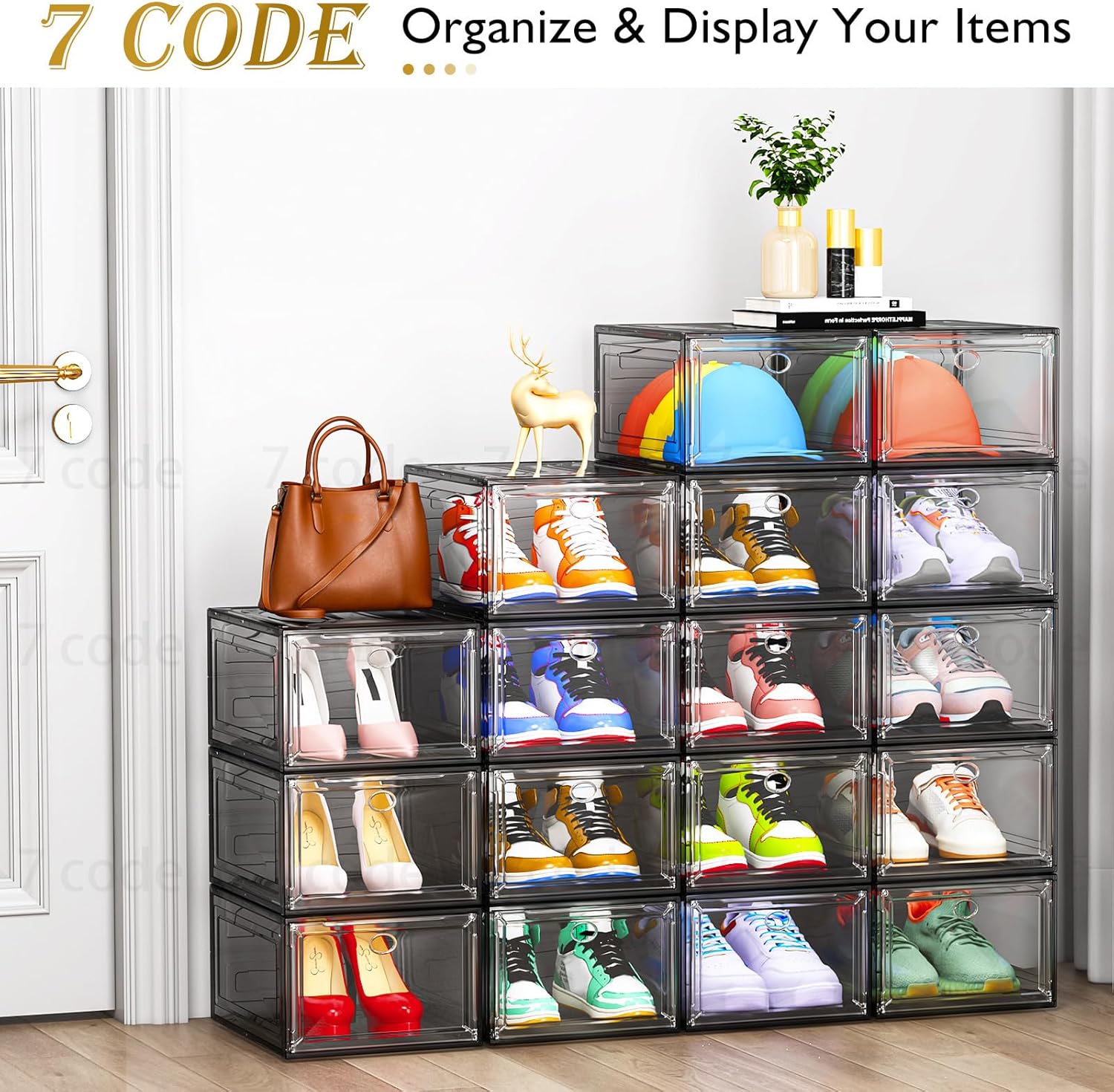 7 code Thicken & Sturdy Clear Shoe Storage Organizer with Magnetic Door, Stackable Boxes for Closet, Foldable Shoe Rack for Sneaker Boot Container, Plastic Shoe Cabinet Shoe Box 6 Pack, Black