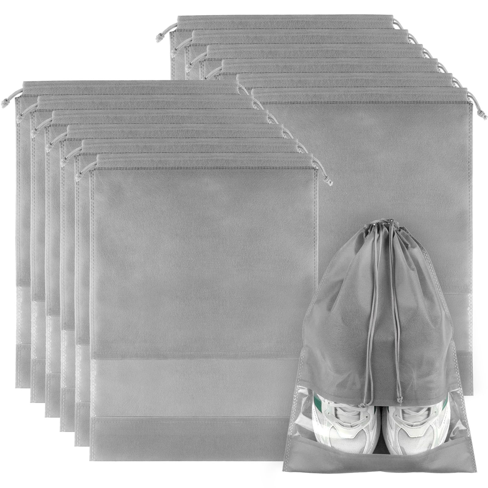 12 Pack Large Shoe Bags for Packing with Clear Window, Dustproof Drawstring Travel Shoe Storage Bags for Men & Women, Black