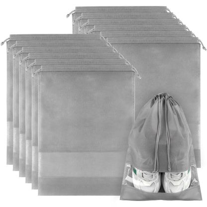 12 Pack Large Shoe Bags for Packing with Clear Window, Dustproof Drawstring Travel Shoe Storage Bags for Men & Women, Black