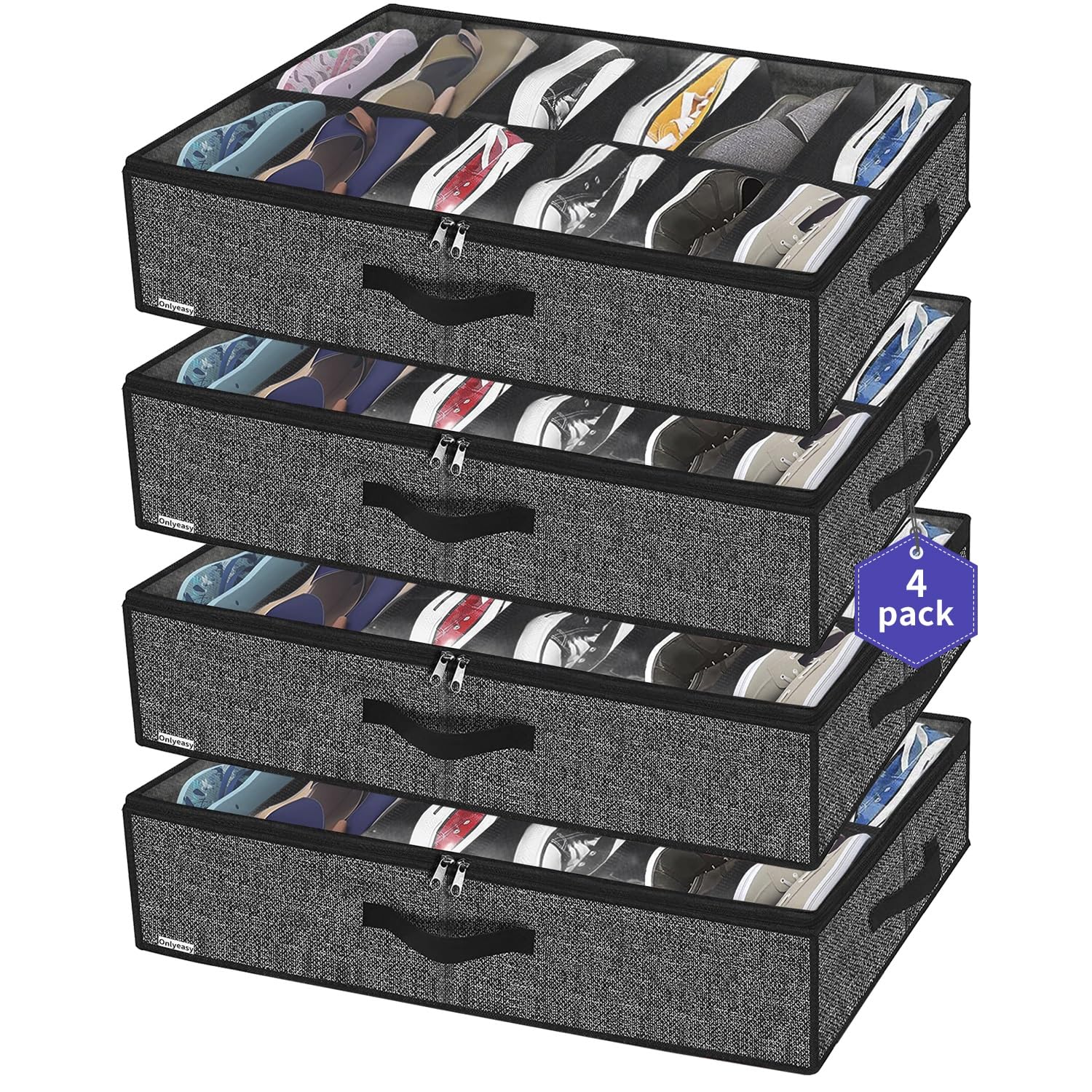 Onlyeasy Sturdy Under Bed Shoe Storage Organizer, Set of 2, Fit 12 to 24 Pairs, Underbed Shoes Closet Storage Solution with Clear Window, Breathable, L29.3 x W23.6 x H5.9, Linen-like Black, MXAUBSB2P