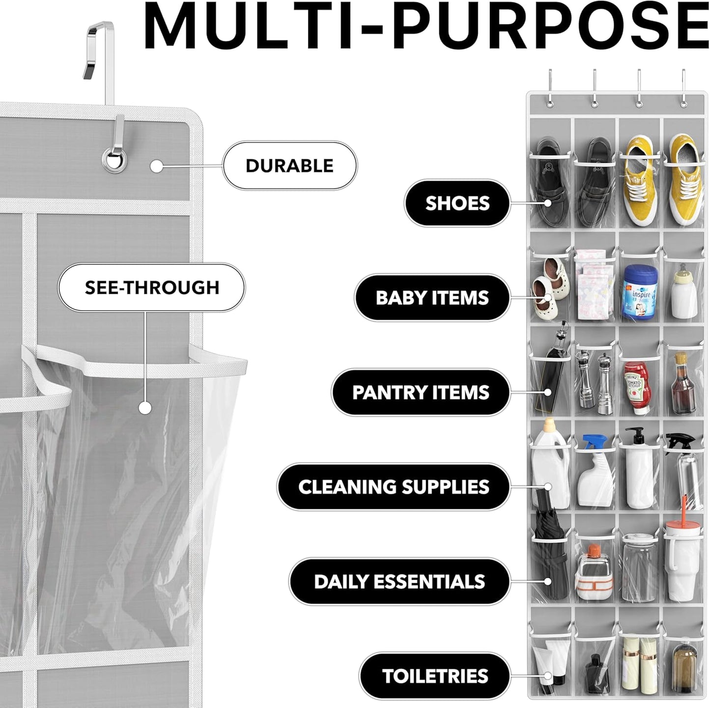 Simple Houseware 24 Pockets - Crystal Clear Over The Door Hanging Shoe Organizer, Gray (64'' x 19'')