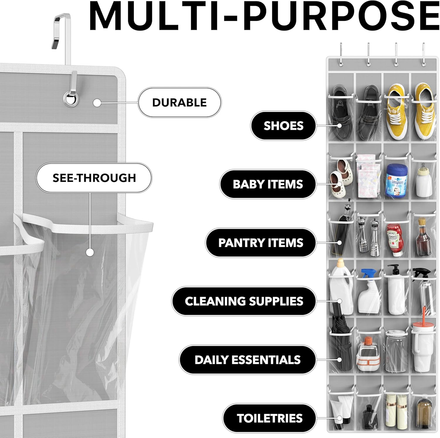 Simple Houseware 24 Pockets - Crystal Clear Over The Door Hanging Shoe Organizer, Gray (64'' x 19'')