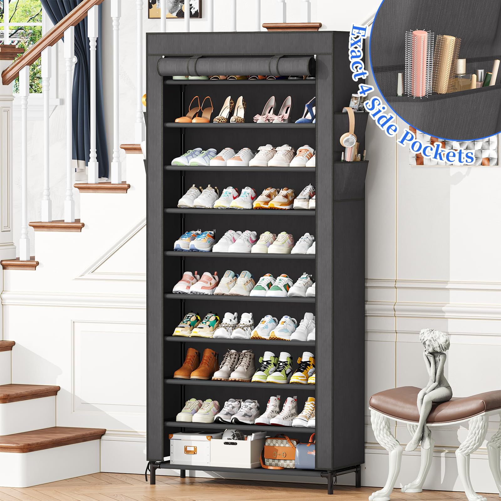Simple Trending Tall Shoe Rack Storage Holds 40 Pairs, 10 Tier Shoe Organizer Shelf Large Capacity for Entryway Closet, Black