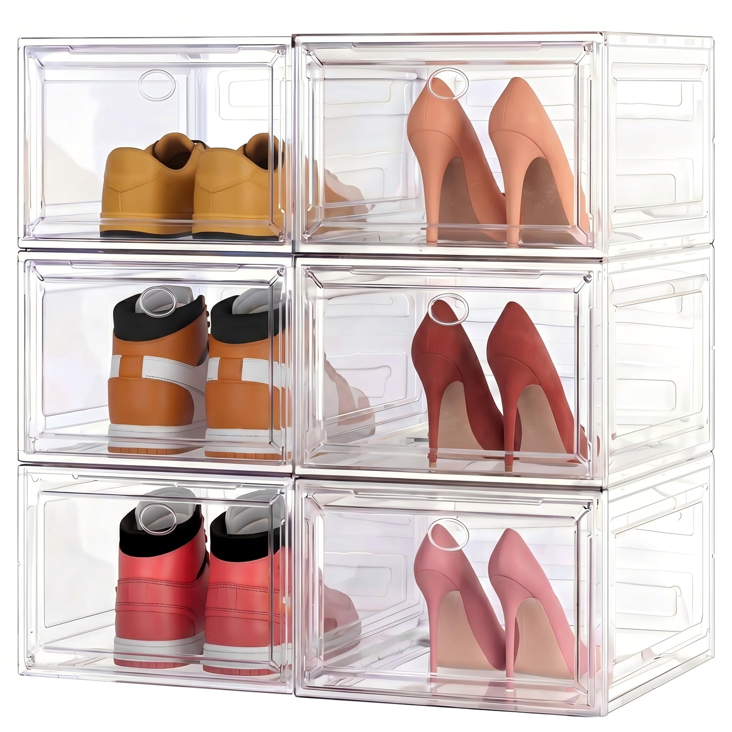 7 code Thicken & Sturdy Clear Shoe Storage Organizer with Magnetic Door, Stackable Boxes for Closet, Foldable Shoe Rack for Sneaker Boot Container, Plastic Shoe Cabinet Shoe Box 6 Pack, Black