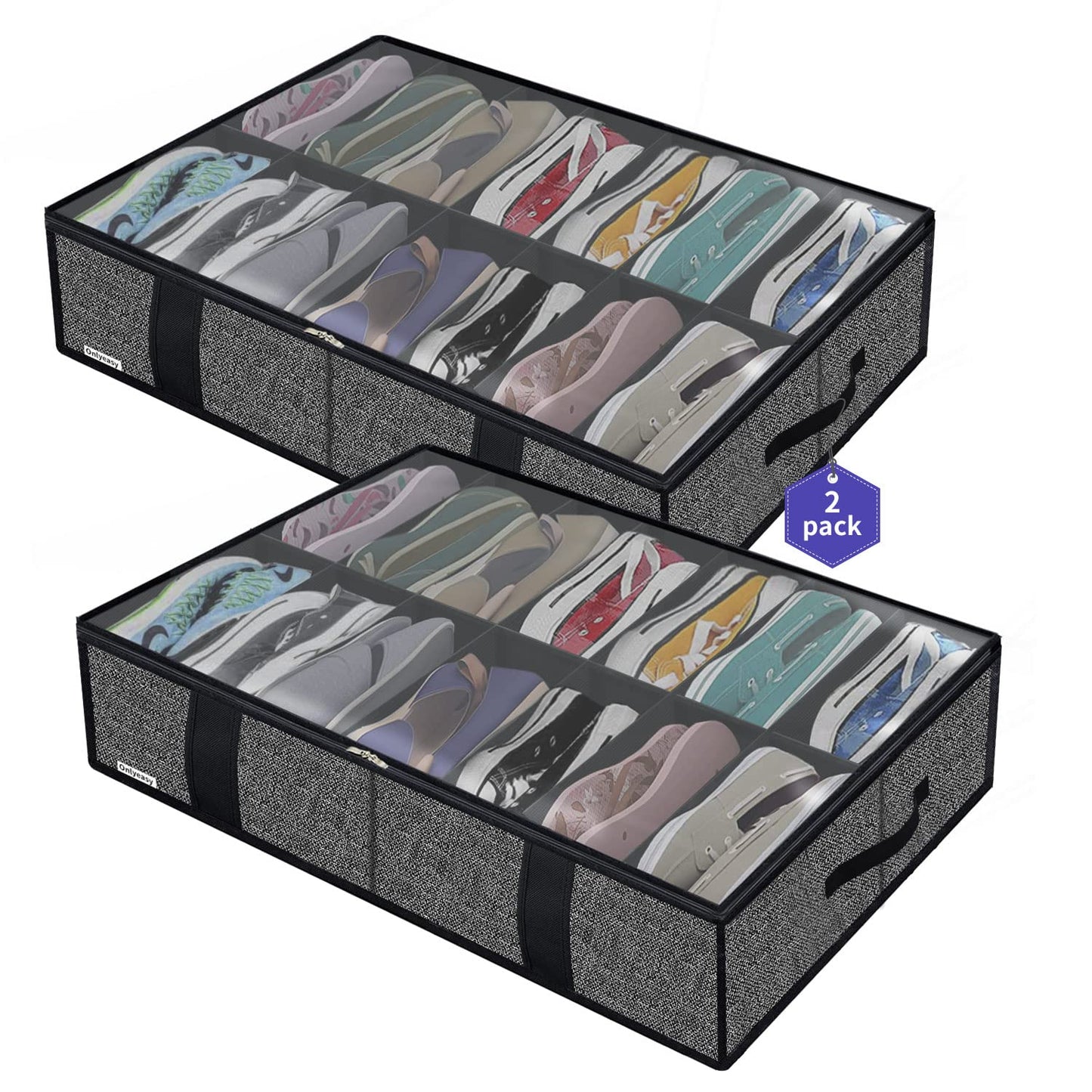 Onlyeasy Sturdy Under Bed Shoe Storage Organizer, Set of 2, Fit 12 to 24 Pairs, Underbed Shoes Closet Storage Solution with Clear Window, Breathable, L29.3 x W23.6 x H5.9, Linen-like Black, MXAUBSB2P