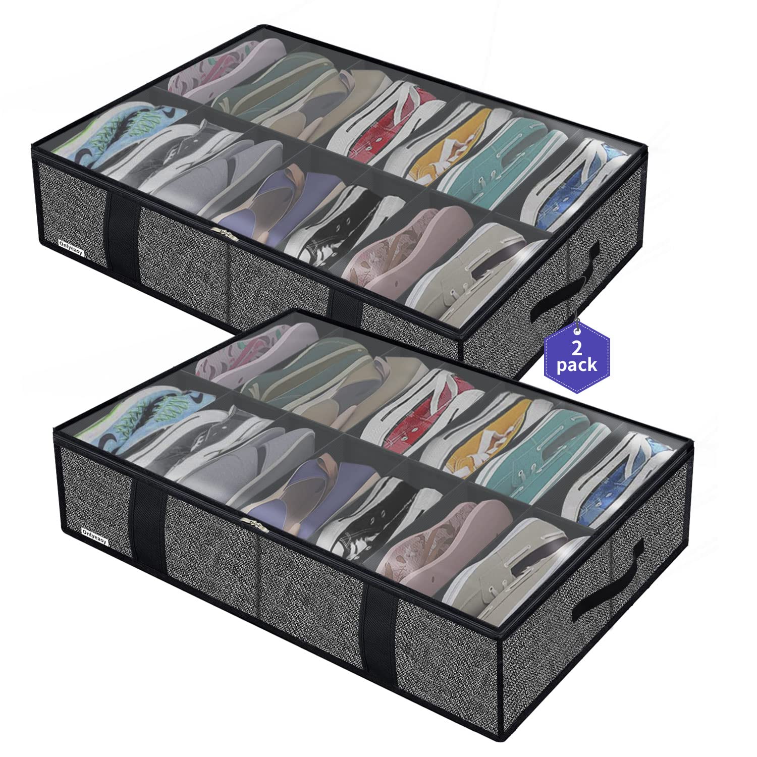 Onlyeasy Sturdy Under Bed Shoe Storage Organizer, Set of 2, Fit 12 to 24 Pairs, Underbed Shoes Closet Storage Solution with Clear Window, Breathable, L29.3 x W23.6 x H5.9, Linen-like Black, MXAUBSB2P