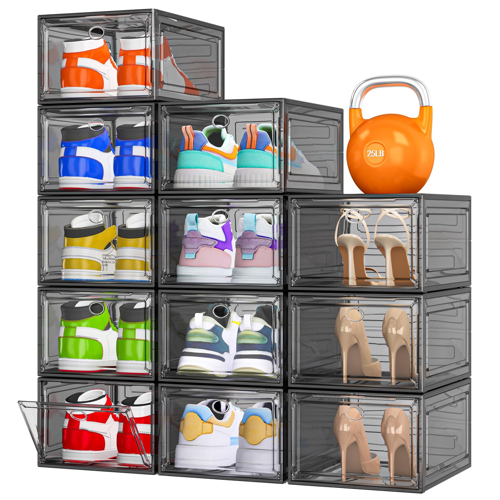 7 code Thicken & Sturdy Clear Shoe Storage Organizer with Magnetic Door, Stackable Boxes for Closet, Foldable Shoe Rack for Sneaker Boot Container, Plastic Shoe Cabinet Shoe Box 6 Pack, Black
