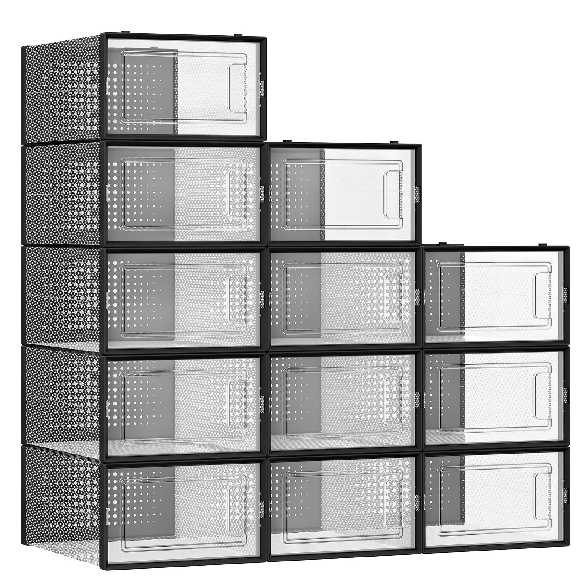 SONGMICS Shoe Boxes, Pack of 12 Shoe Storage Organizers, Stackable Clear Plastic Boxes for Closet, Sneakers, 13.1 x 9.1 x 5.6 Inches, Transparent and White ULSP12SWT